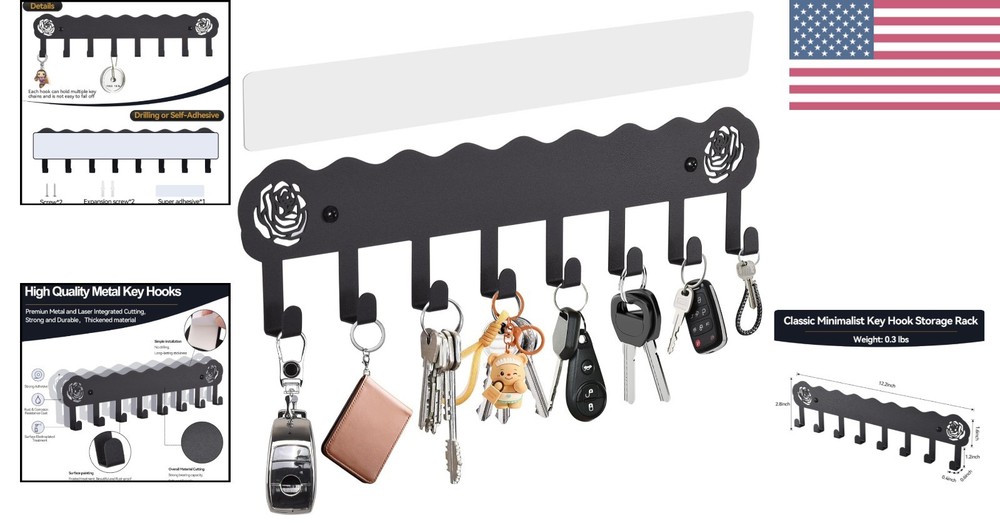 Modern Black Key Organizer with 8 Hooks - Rust Resistant, Multi-Purpose Design