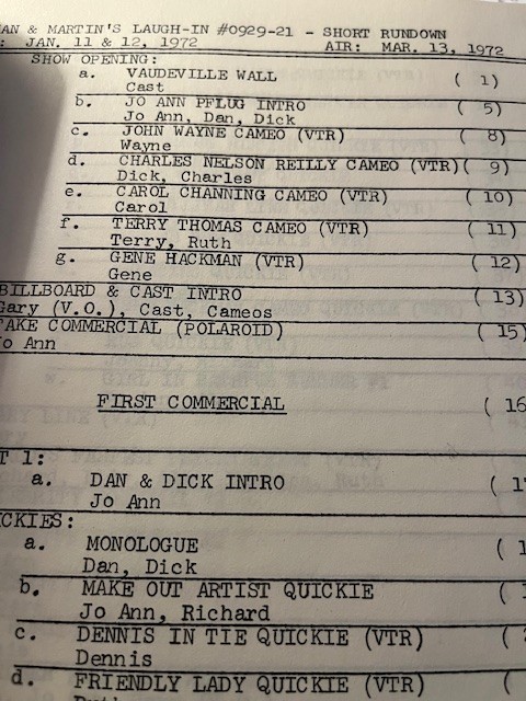 Rowan & Martin's Laugh-In Script 12/28/71 1st draft Cameo Wayne Hackman Channing