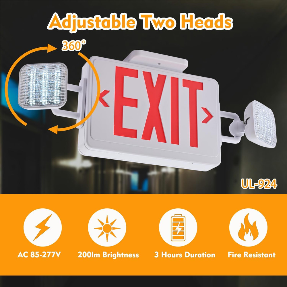 Red Exit Sign with Emergency Lights, 200Lm 3Hours Plug in Exit Sign Battery Back