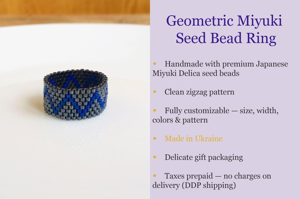 Geometric Beaded Ring, Custom Miyuki Seed Bead Wide Band Ring, Zigzag Pattern