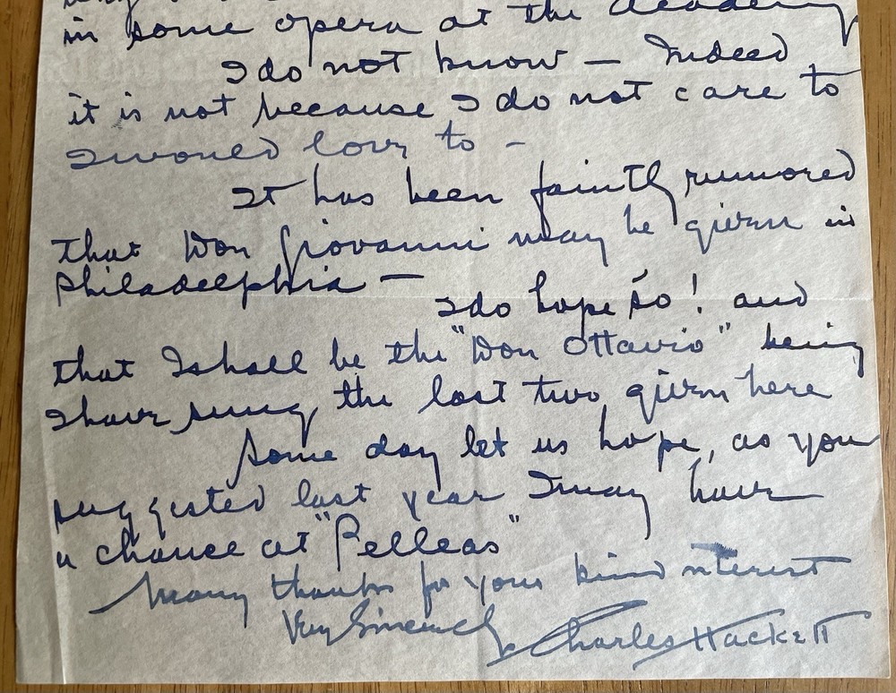 Tenor Charles Hackett Autograph Letter