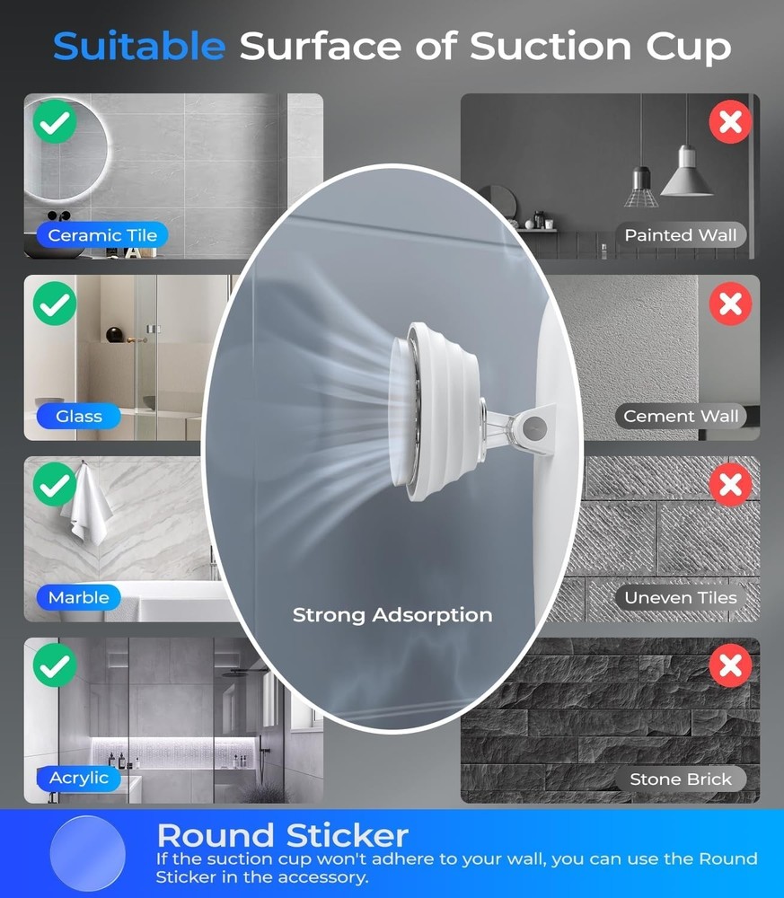 Fogless Shower Mirror with Light Rechargeable Battery Waterproof Wall Mount