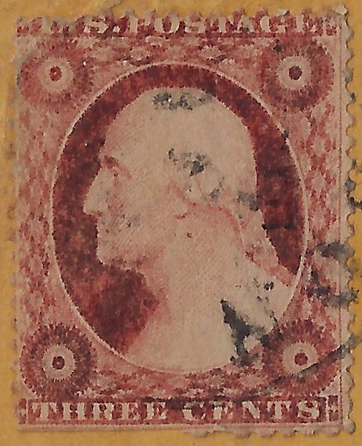 US Scott 26 on piece, CV $10, dull red, 2 margin copy.		 (a9741