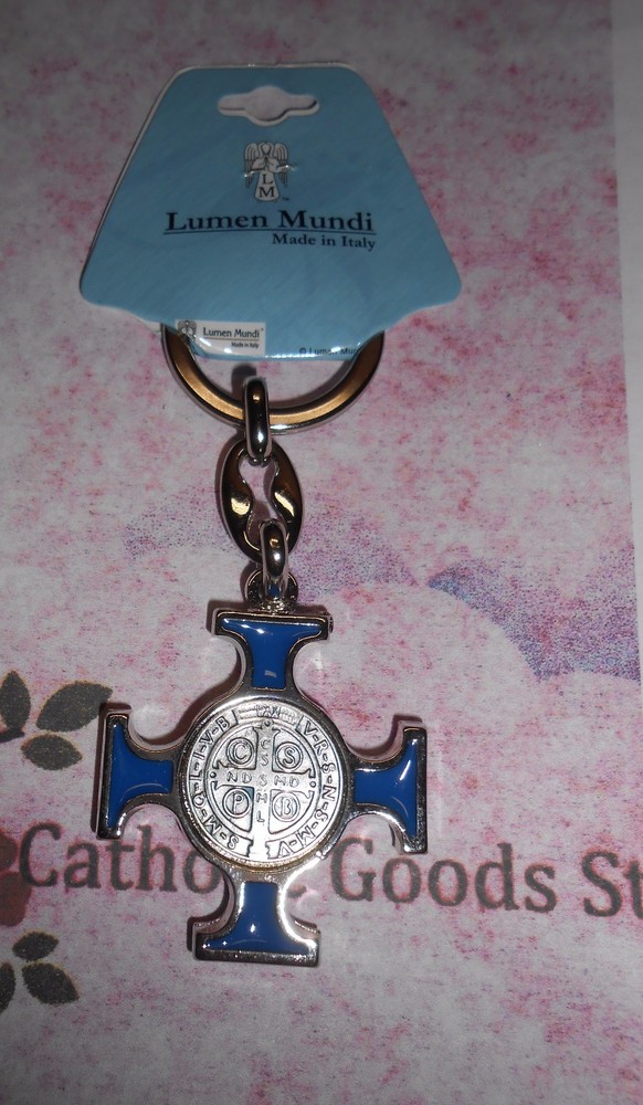 St Saint Benedict Cross Medal Key Chain Blue
