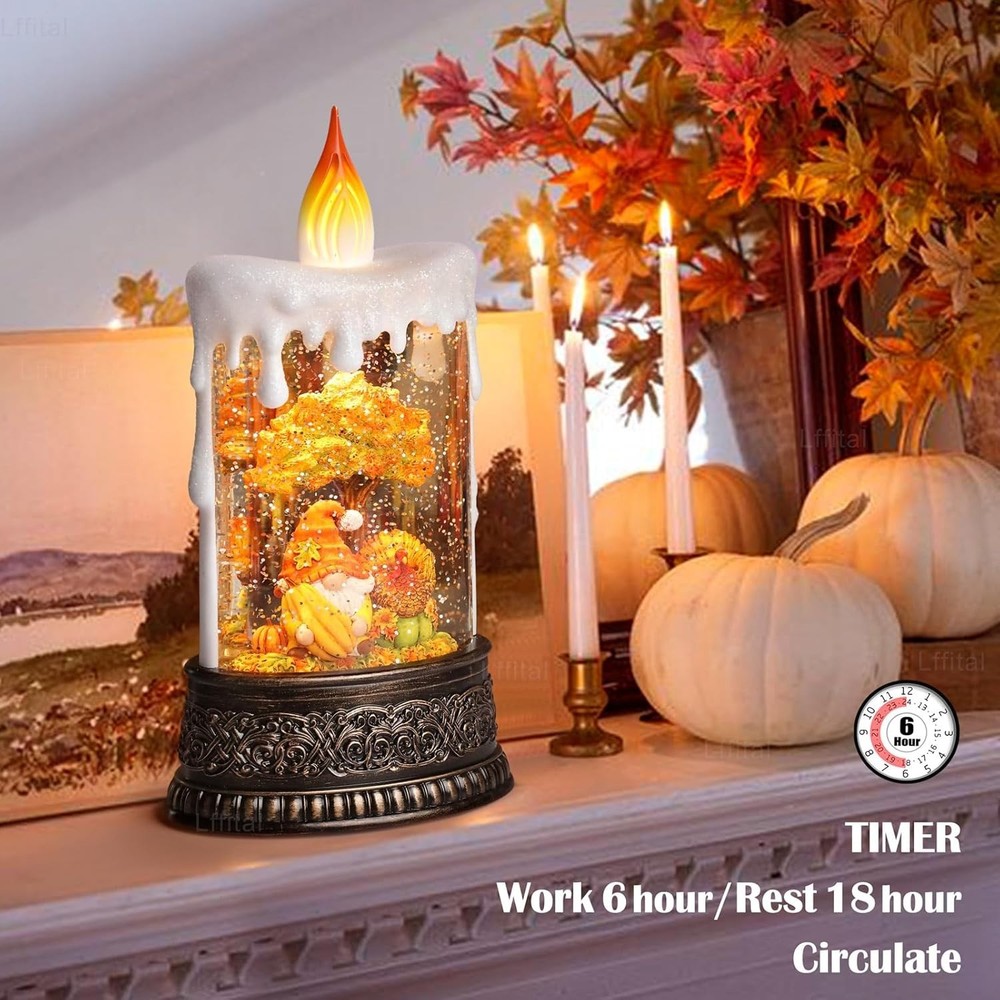 Fall Snow Globe Lantern Fall Decor Candle Shape with Gnome and Turkey, Lighte...