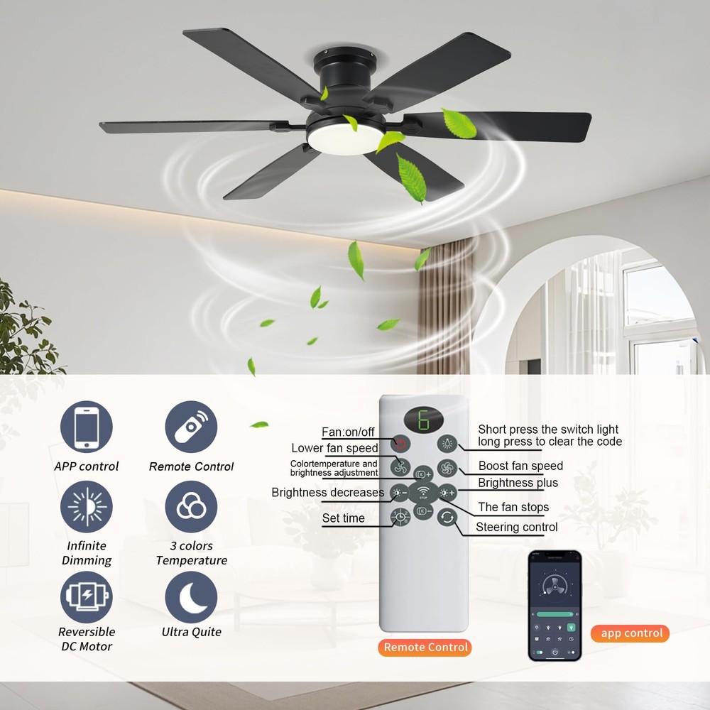 52inch Low Profile Ceiling Fan with Light and Remote/APP Control, LED Dimmabl...