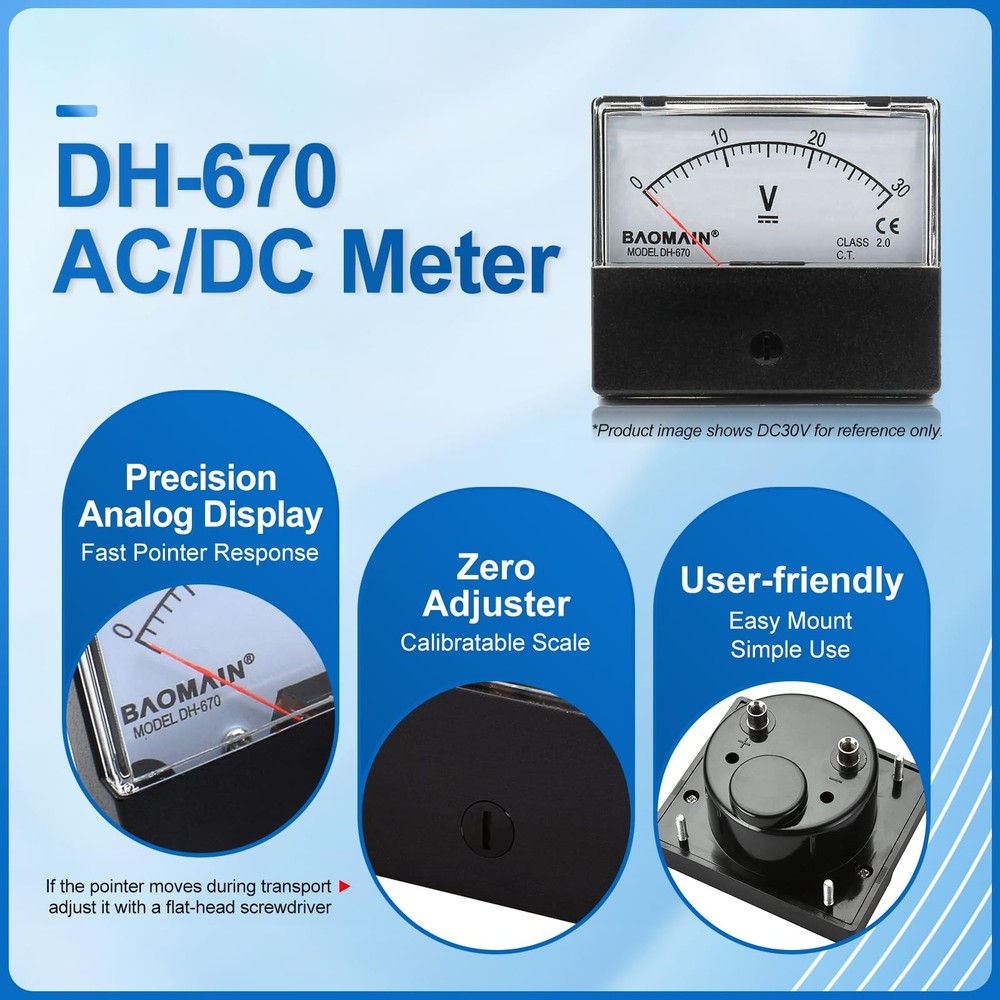 Baomain Voltmeter DH-670 DC 0-50V Rectangular Class 2.0 Analog White,Black