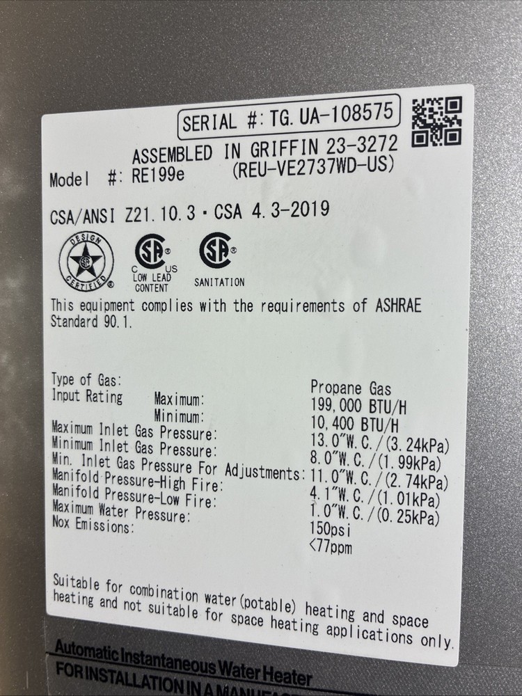 Rinnai RE199eP Outdoor Tankless Water Heater 199k BTU Propane Gas (B-12 #1524)