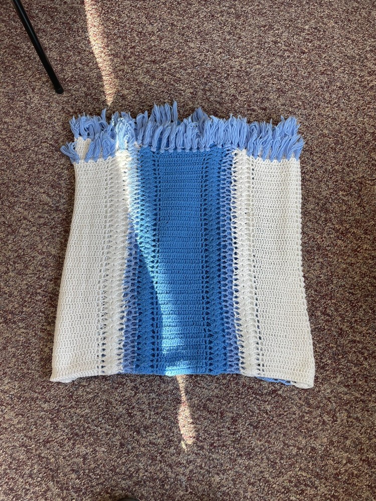 Hand Crocheted White And Blue Striped Afghan Throw Blanket Grannycore