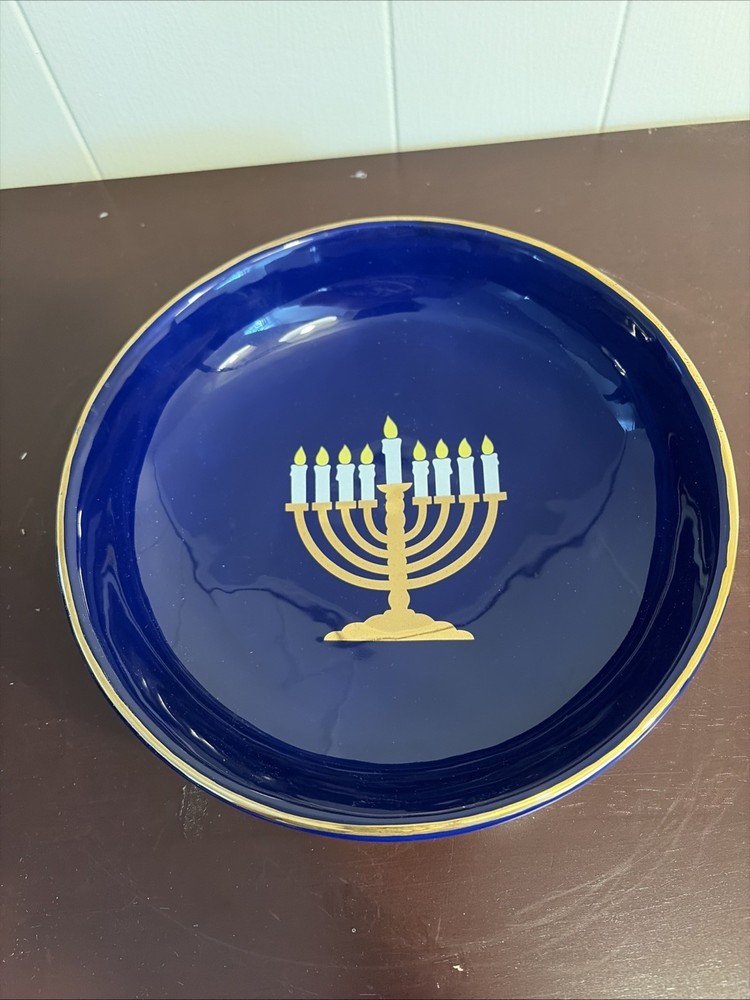 Blue Ceramic Menorah Serving Bowl Made By Palm Tree Co.
