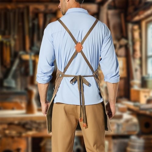 Canvas Work Apron,Cross Back Aprons for Brown