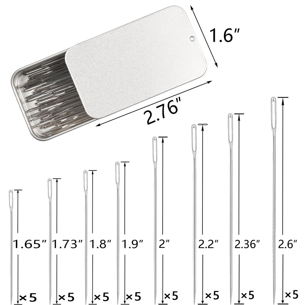 40PCS Large Eye Sewing Needles, 8 Sizes Hand Sharp Multi-Size, Silver