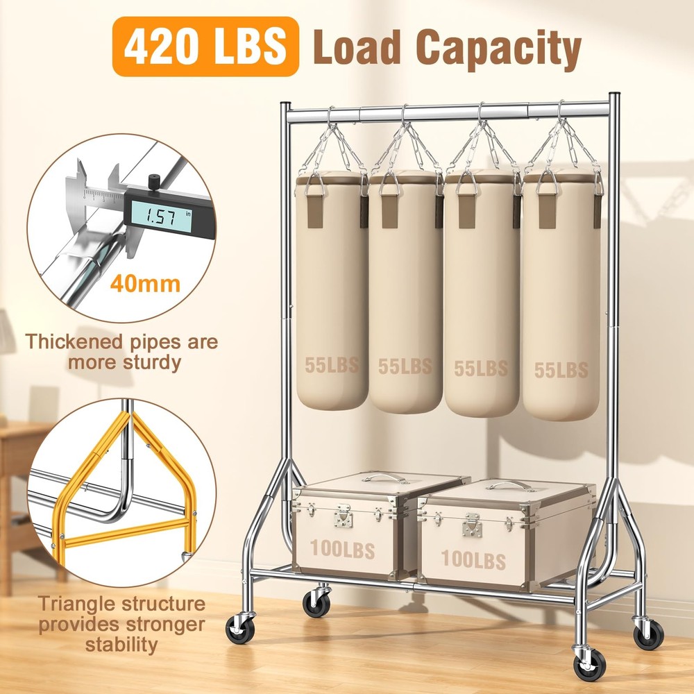 Heavy Duty Clothes Rack Load 420 LBS, Rolling Garment Rack with Lockable Whee...