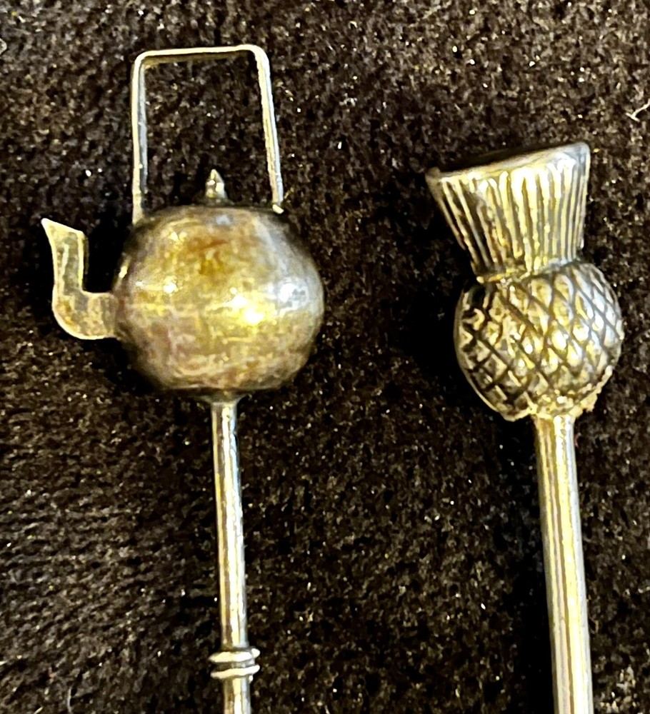 800 Silver Demitasse Pickle Fork & Sugar Spoon Tea Kettle Pineapple Finials Pair