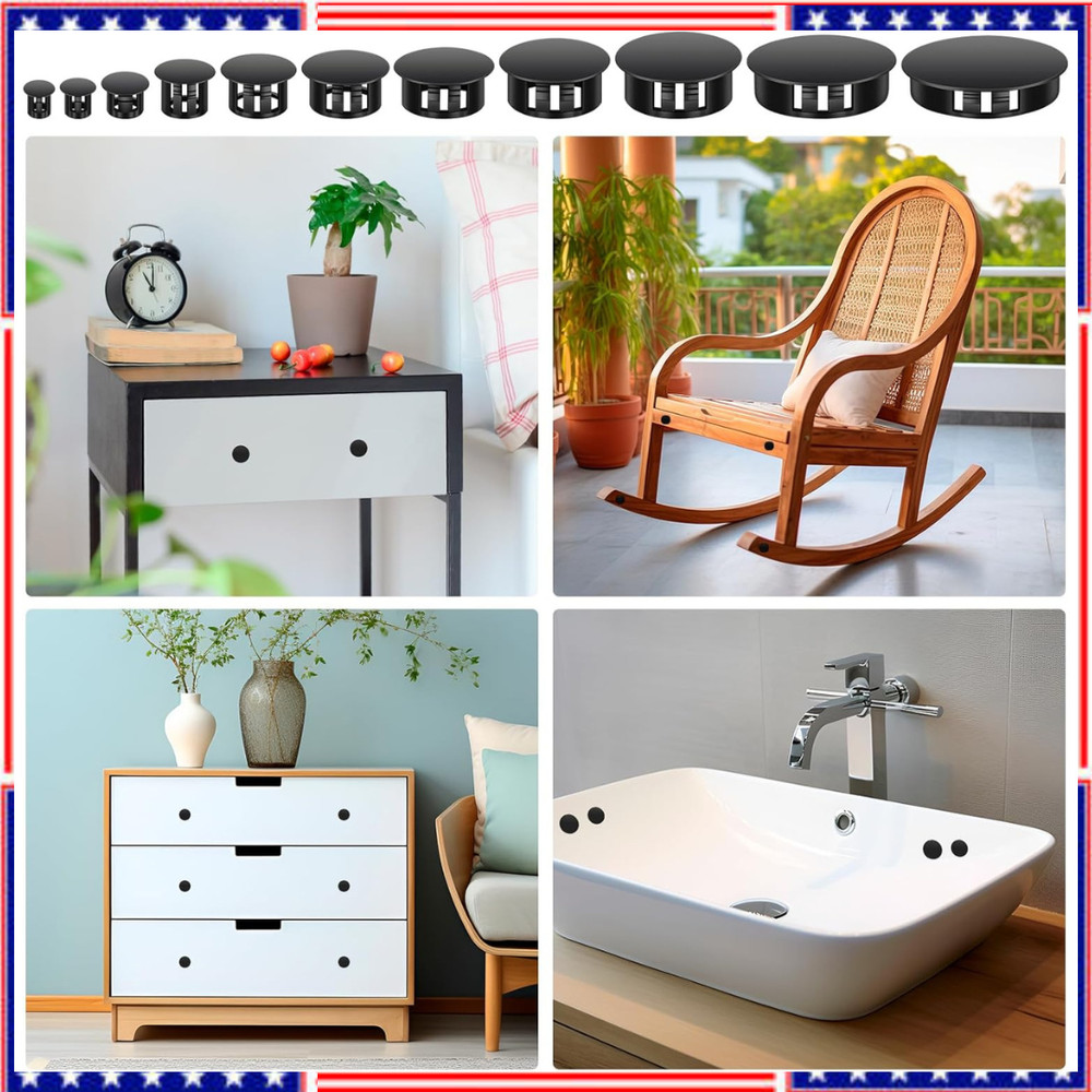 200Pcs 9 Sizes Nylon Plastic Hole Plugs Black Round Drill Hole, Flush Type Panel