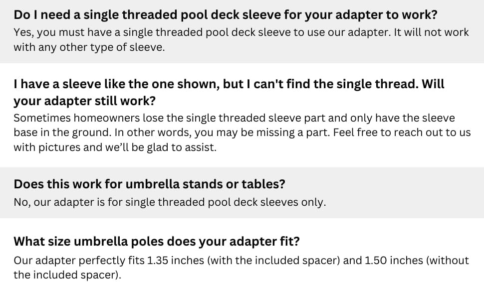 Umbrella Pole Stabilizer reducer threaded adapter insert for Baja Deck Pool Slee