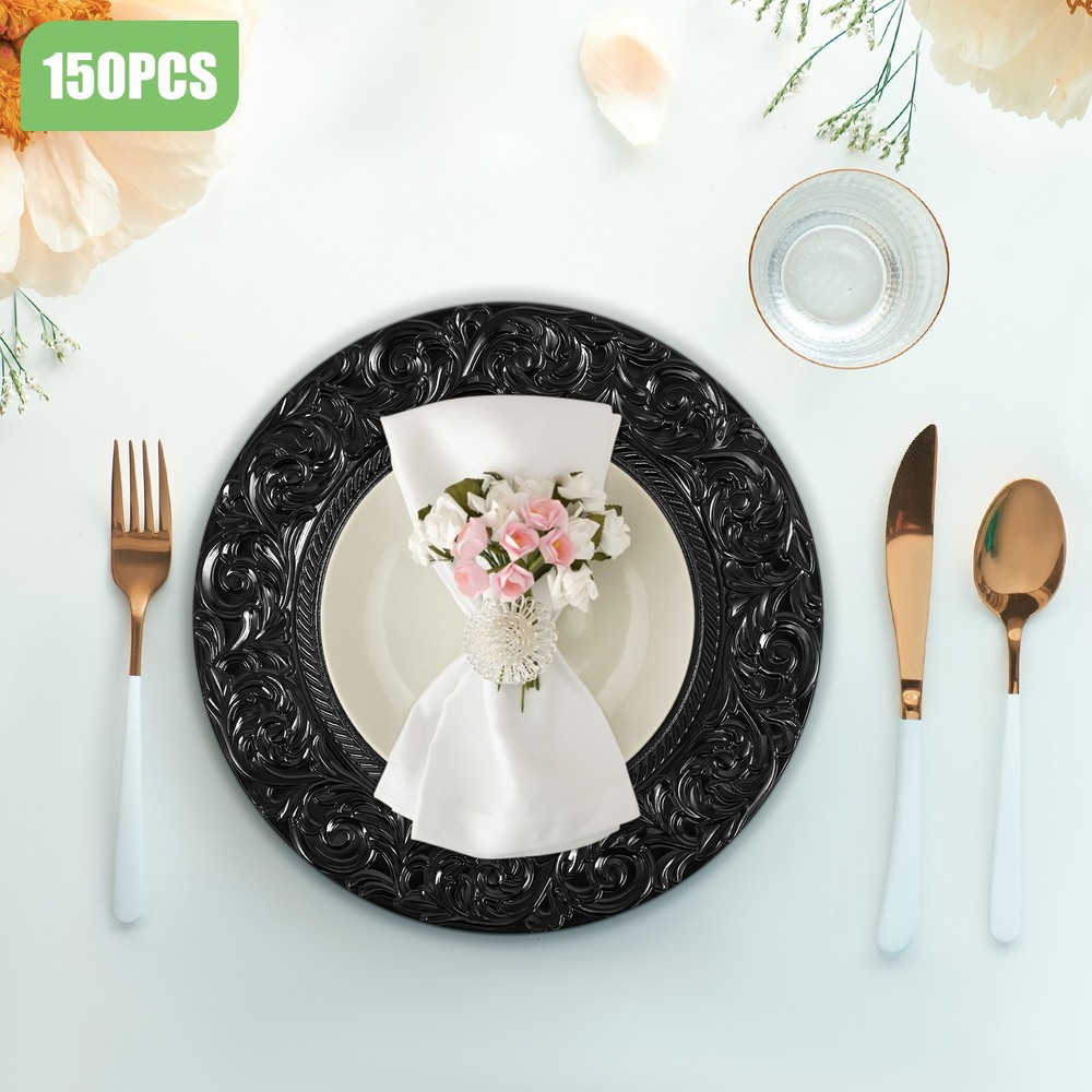 150 Black Plastic Plates Set - Disposable Dinner Plates Bulk Pack for Par