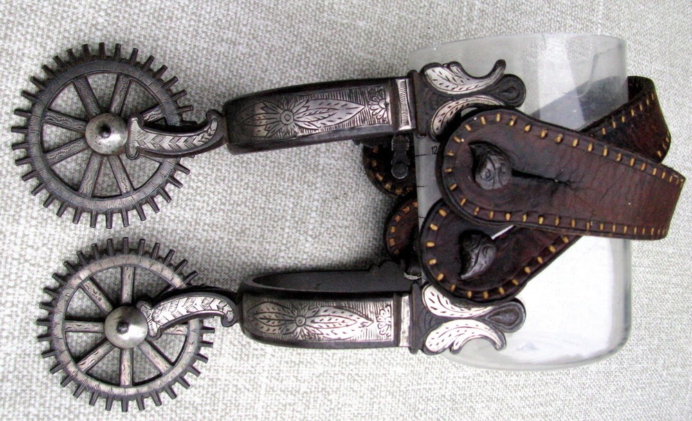 SPANISH COLONIAL TRANSITIONAL DBL MTD ENGRAVED 2 PATTERN CLOCK GEAR ROWELS c1850