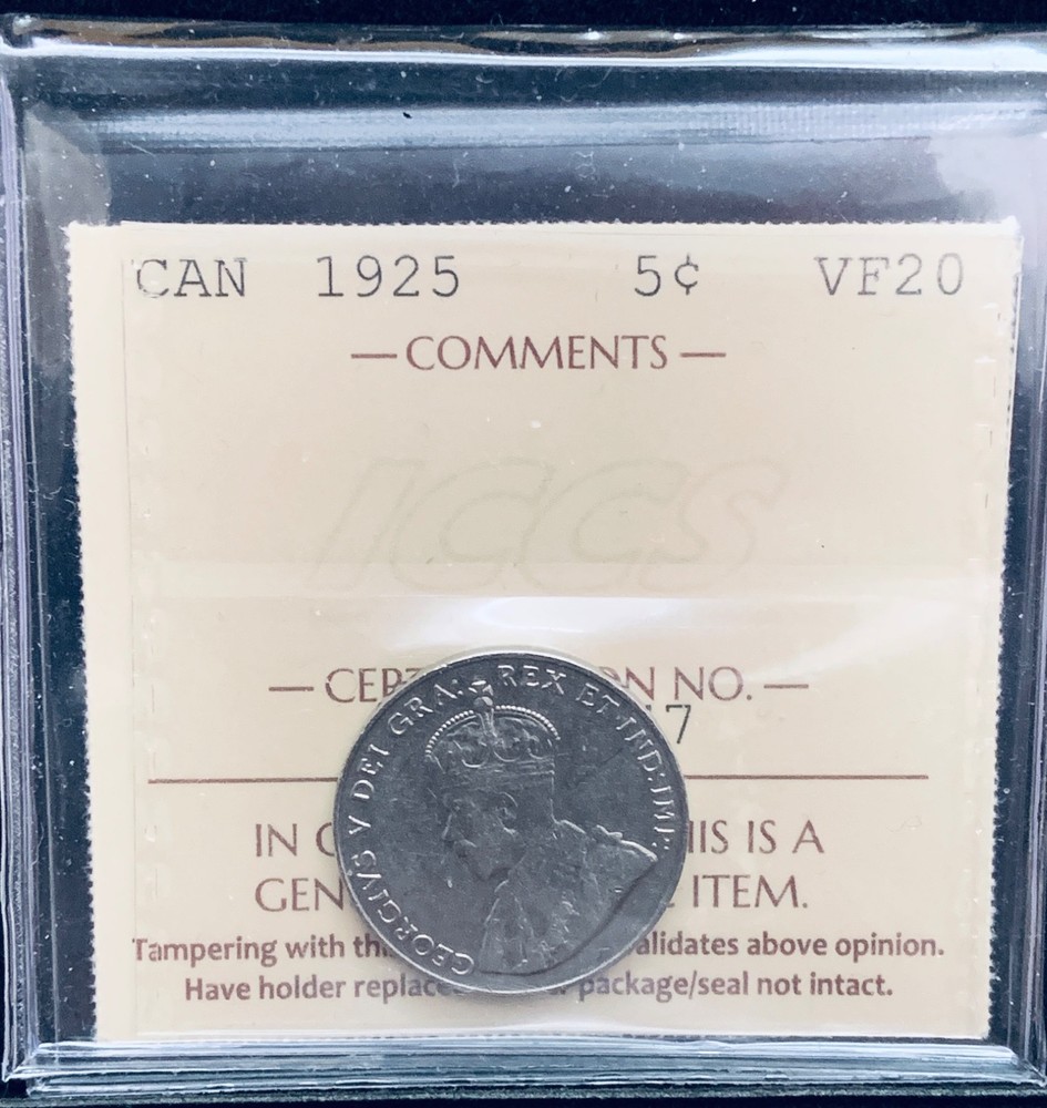 1925 Canada 5 Cent Coin ICCS VF20