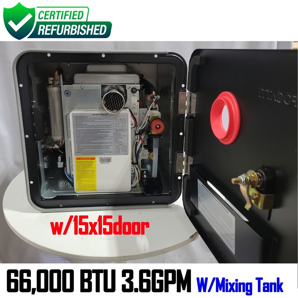 Used RV Tankless Water Heater w/ Mixing Tank 66,000 BTU 3.6GPM 15x15 Door