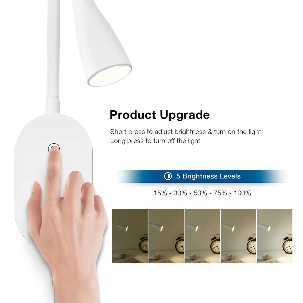 Wall Reading Light for Books in Bed USB Output 5 Dimmable Touch Control