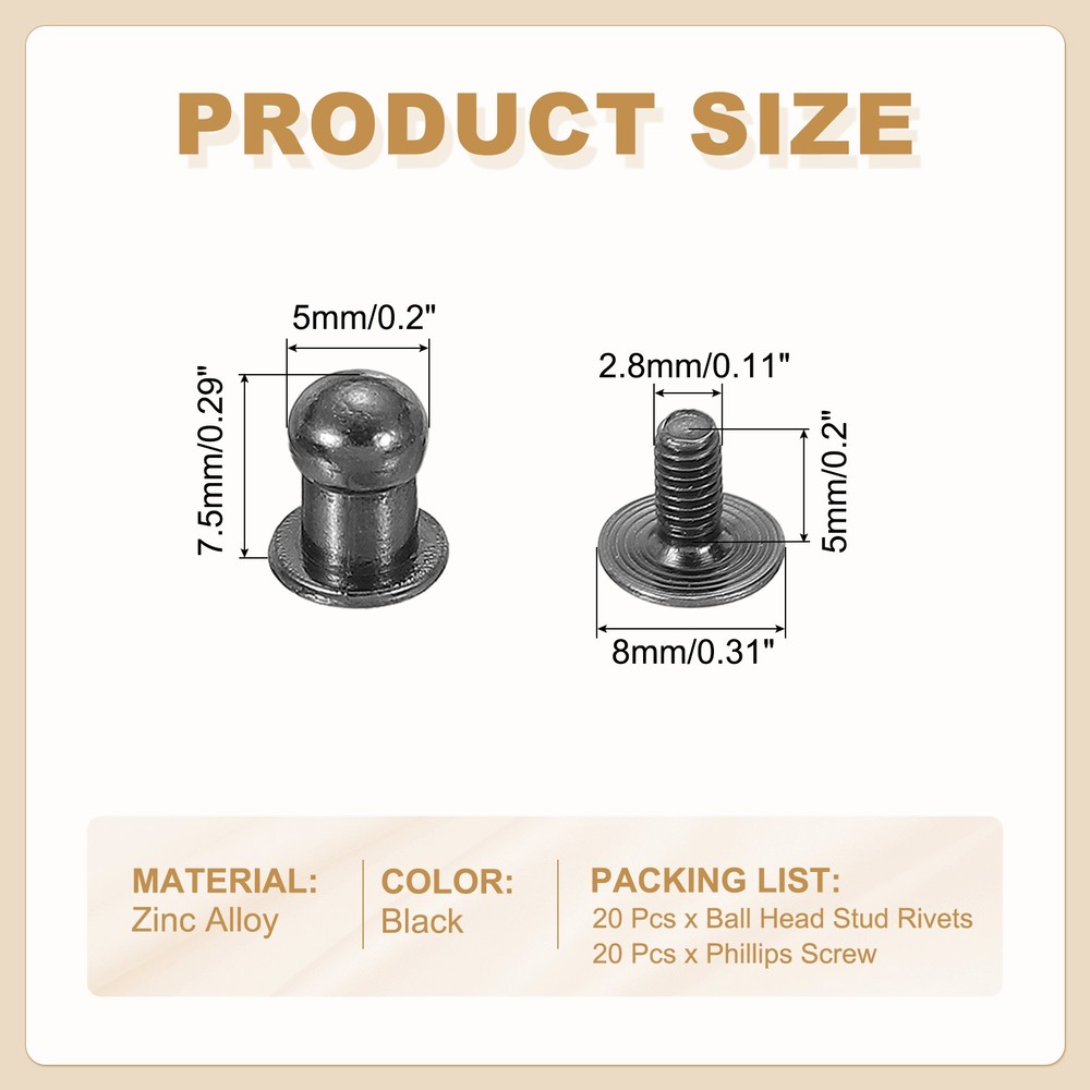 20Set 5mm Leather Rivets Ball Head Stud Screw Back Round Head Button Black