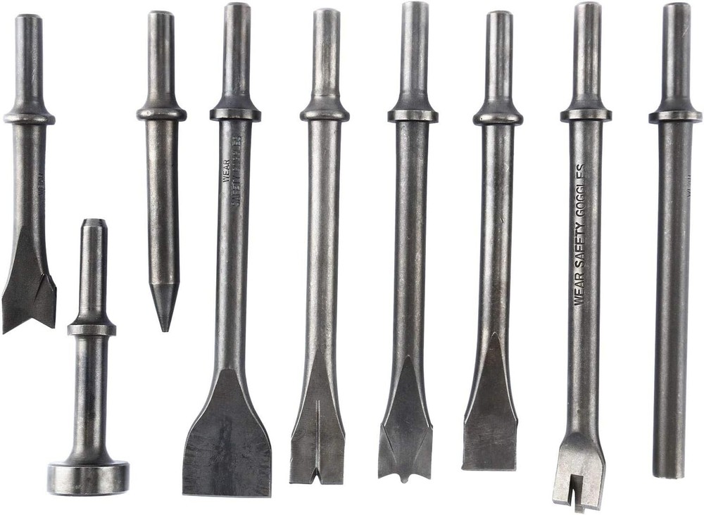 Pneumatic Chisel Set 9pcs Air Hammer Punch Chipping Bits Tool Pointed, Beveled