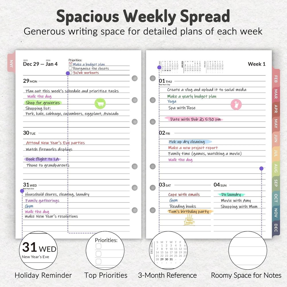 2026 Weekly & Monthly Planner Refills for A5 6-Ring Binders, Jan 2026 - Dec