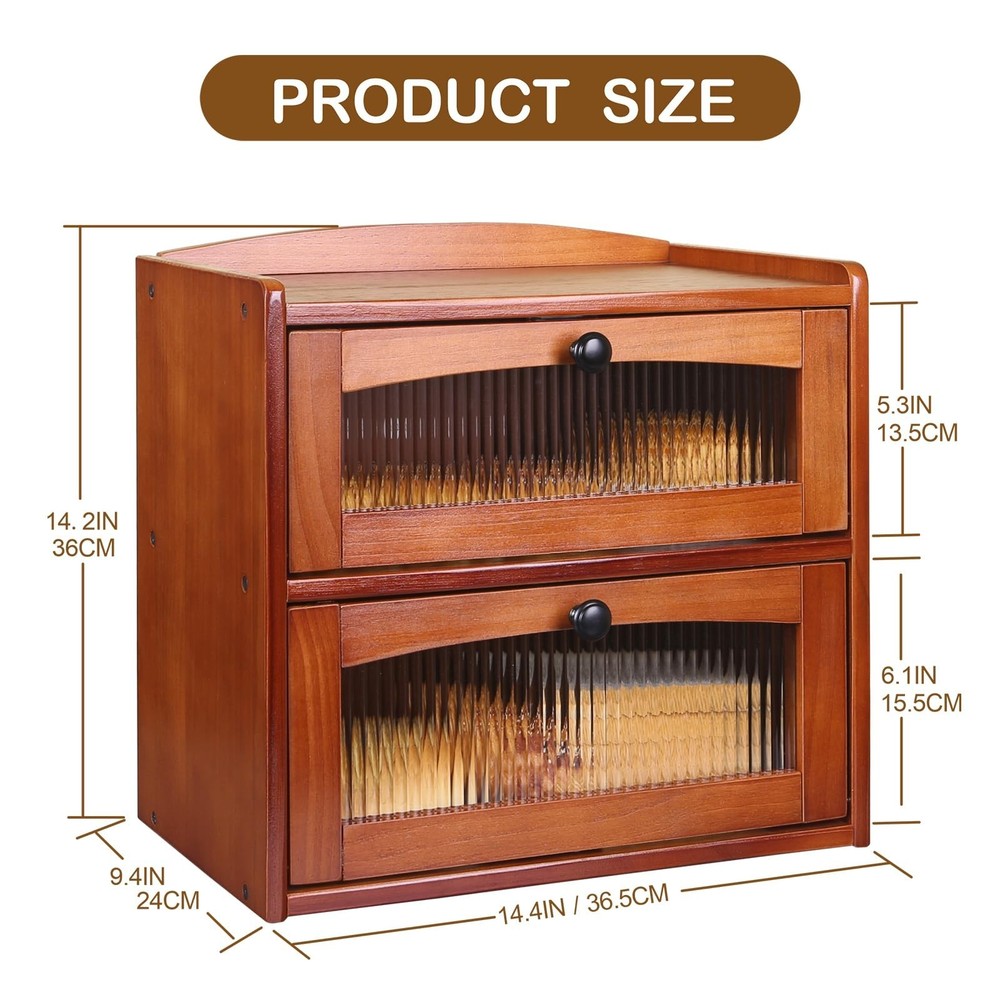 Bread box for Kitchen Countertop Double Layer Large, Solid Wooden Farmhouse B...