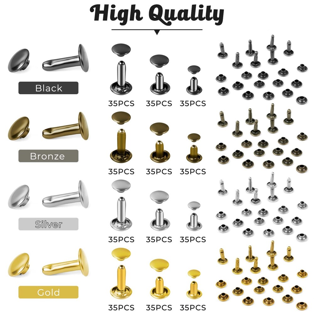 Leather Rivet Kit - 420 Sets, 4 Colors, 3 Sizes, Includes 3 Tools