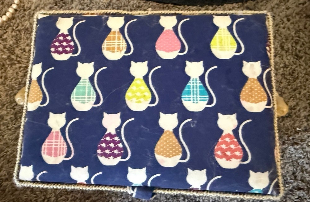 Cat Pattern Sewing Basket, Blue Multicolor Fabric Covered, Red Interior