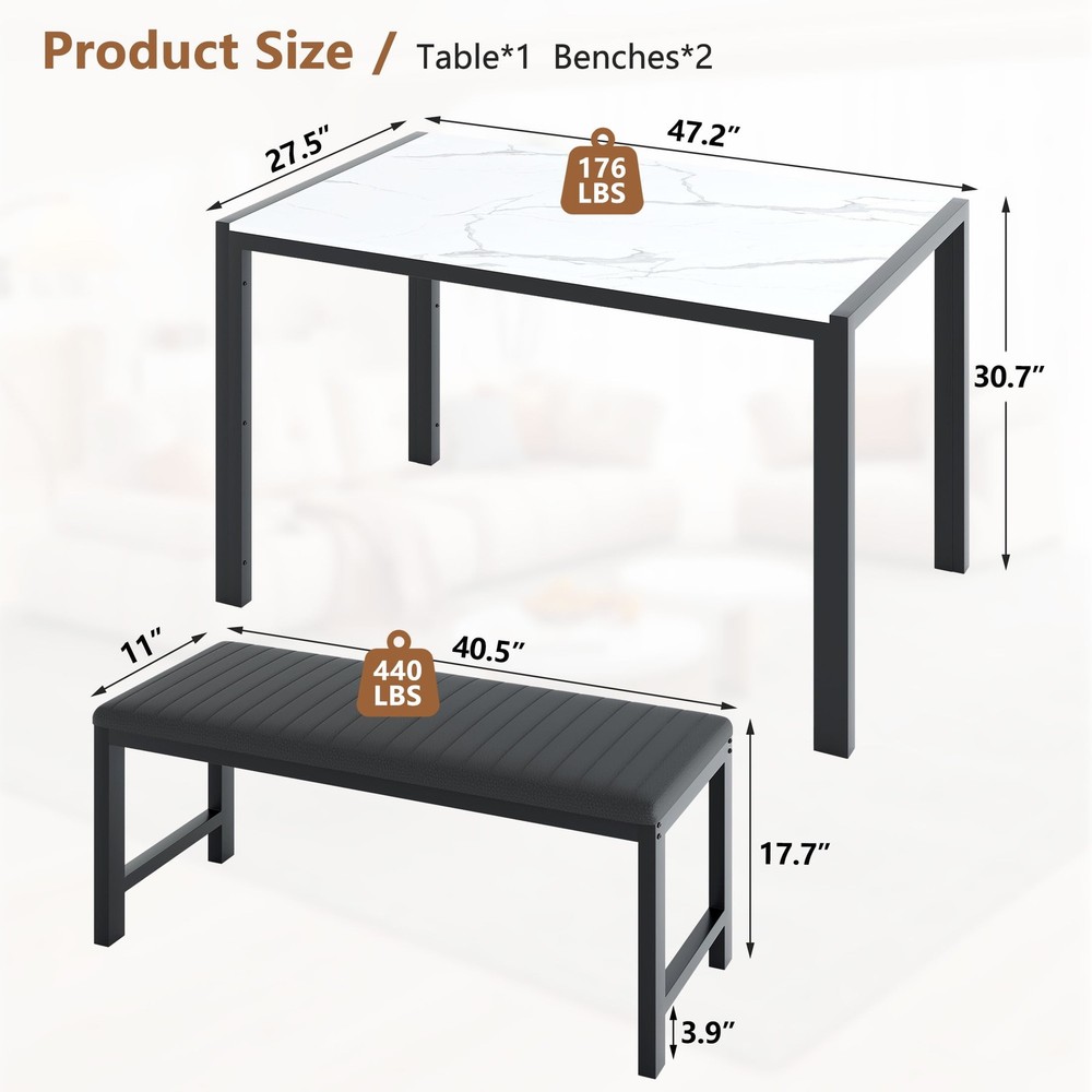 Modern 3-Piece Rectangular Dining Table 2 Upholstered Padded Dining Benches