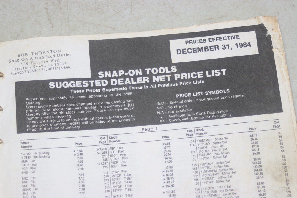 Snap On Tools Catalog 1985 With Price List