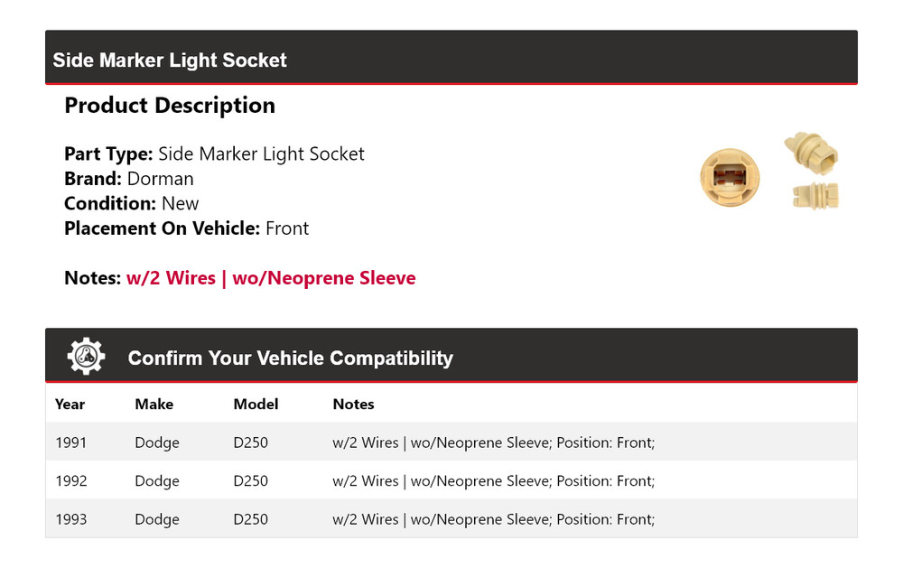 For 1991-1993 Dodge D250 Dorman Side Marker Light Socket Front 1992