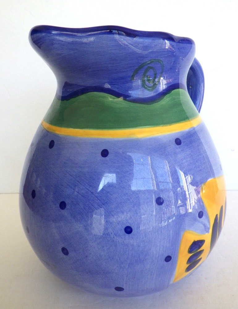 Haussen Ware Glazed Ceramic Handled Pitcher Nautical Fish Motif 80 oz.