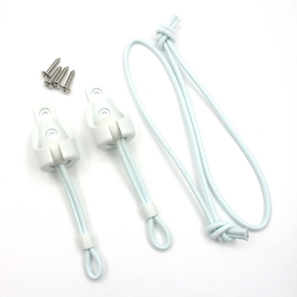 Exterior roller shade bungee tie downs with Circle receiver bungee cords white