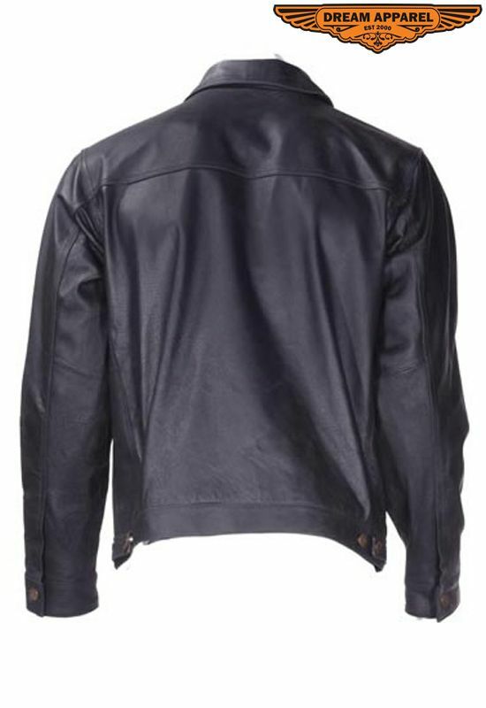 Men's Motorcycle Leather Shirt with Button Snap Front Closure & Snap Down Collar