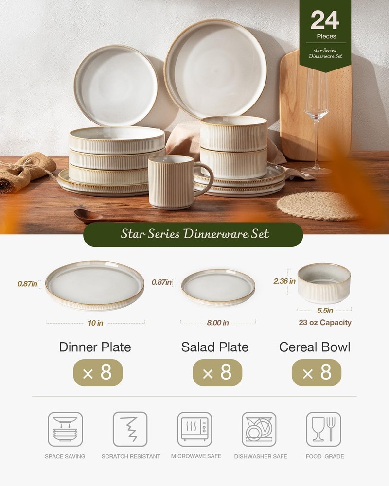Star Plates and Bowls Sets, Modern Stoneware Dinnerware Sets for 8, 24-Piece ...