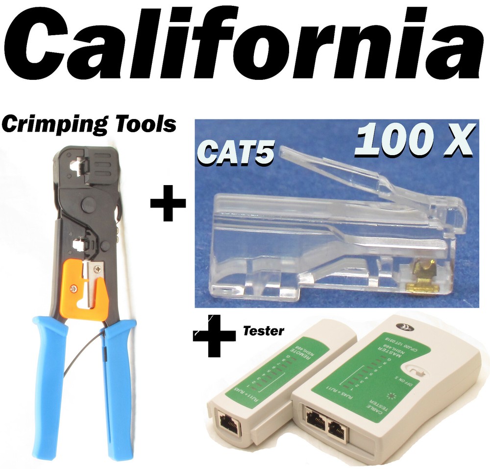 Cable Tester +Crimp Crimper +100 RJ45 CAT5 CAT5e Connector Plug Network Tool Kit