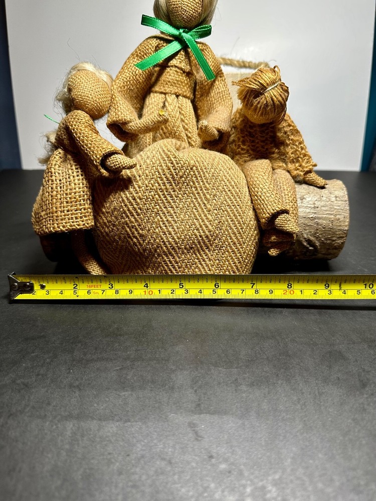 Vintage Burlap Figures Sitting On Real Log