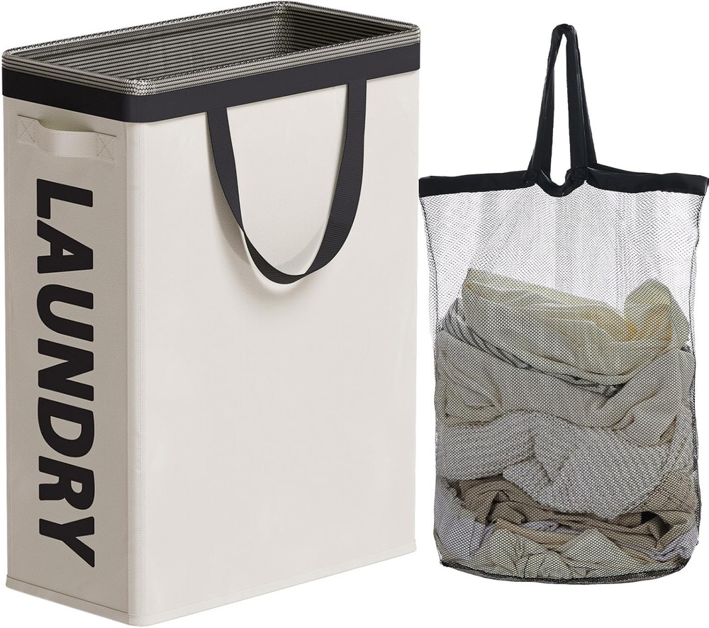 Slim Laundry Hamper with Removable Inner Bag and Side Handles, 45L Small Laundry