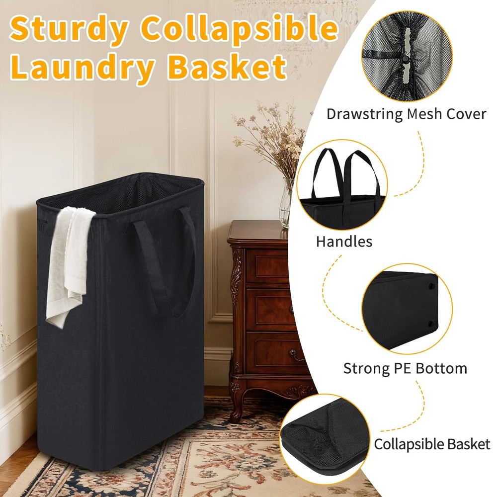 48L Slim Laundry Hamper Ultra Thin Collapsible Basket Handles Foldable Bag