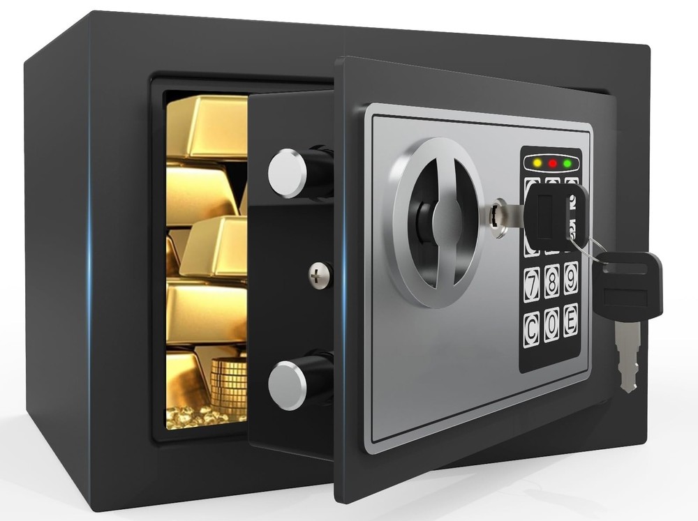 Small Safe Box for Money with Code and Keys，Solid Mini Safe for Kids with Dig...