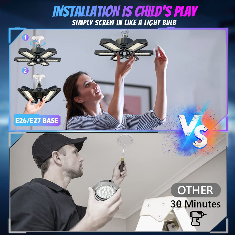 4 Pack 200W LED Garage Lights Deformable 1000000LM Bulb Ceiling Workshop Lamp