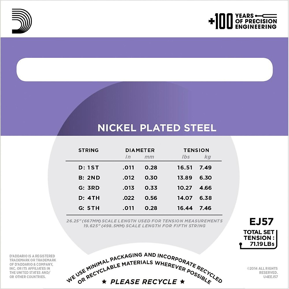 D'Addario EJ57 Nickel Custom Medium 5-String Banjo Strings (11-22)