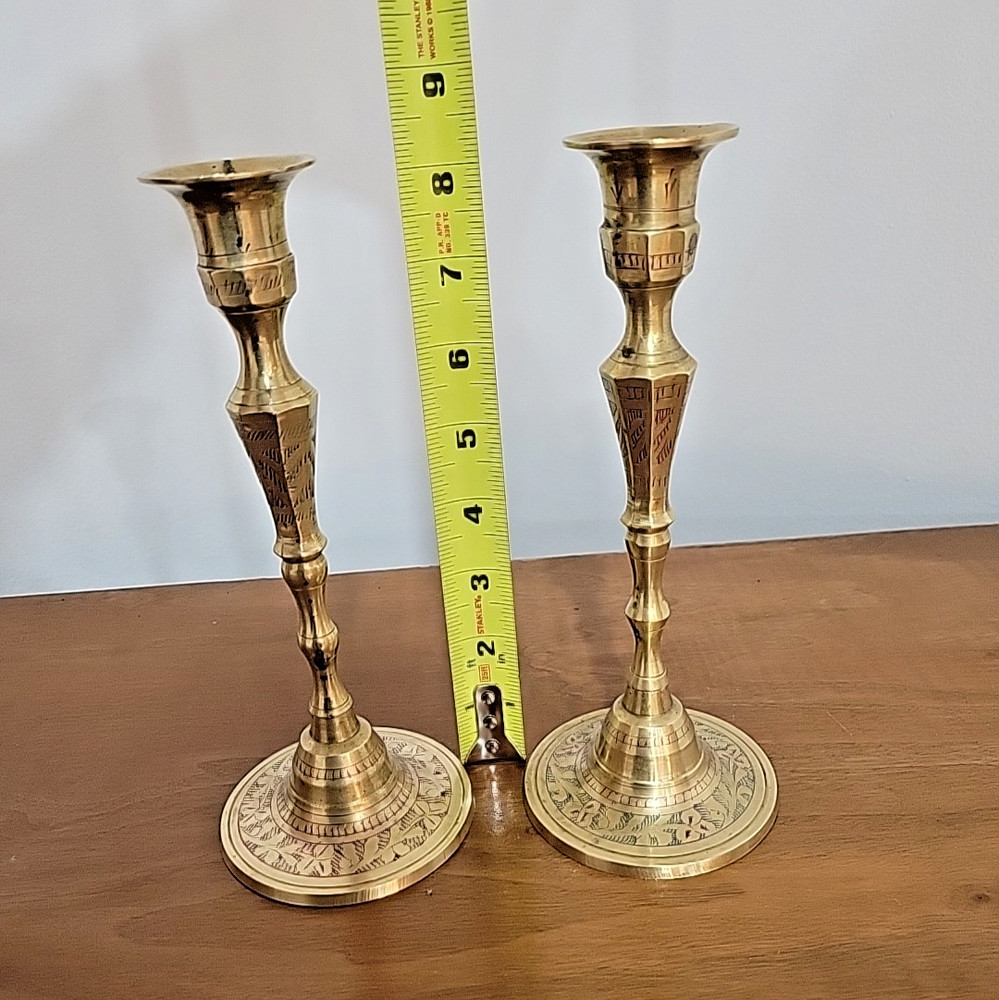 Vintage Brass Etched & Painted Candlesticks 8.5 inches
