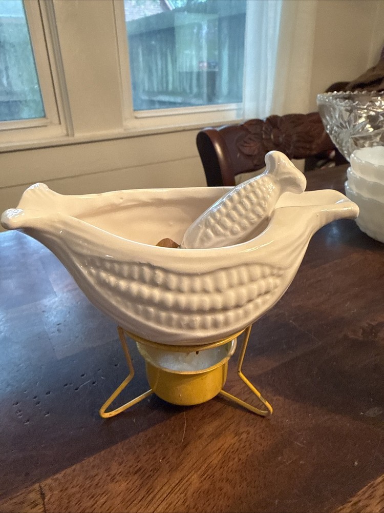 Vintage White Ceramic Corn Butter Dish with Mini Baster