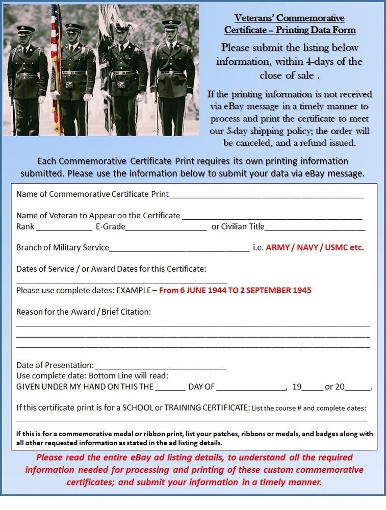 WW1 - SILVER CITATION COMMEMORATIVE CERTIFICATE ~ CUSTOM PRINTING T-1
