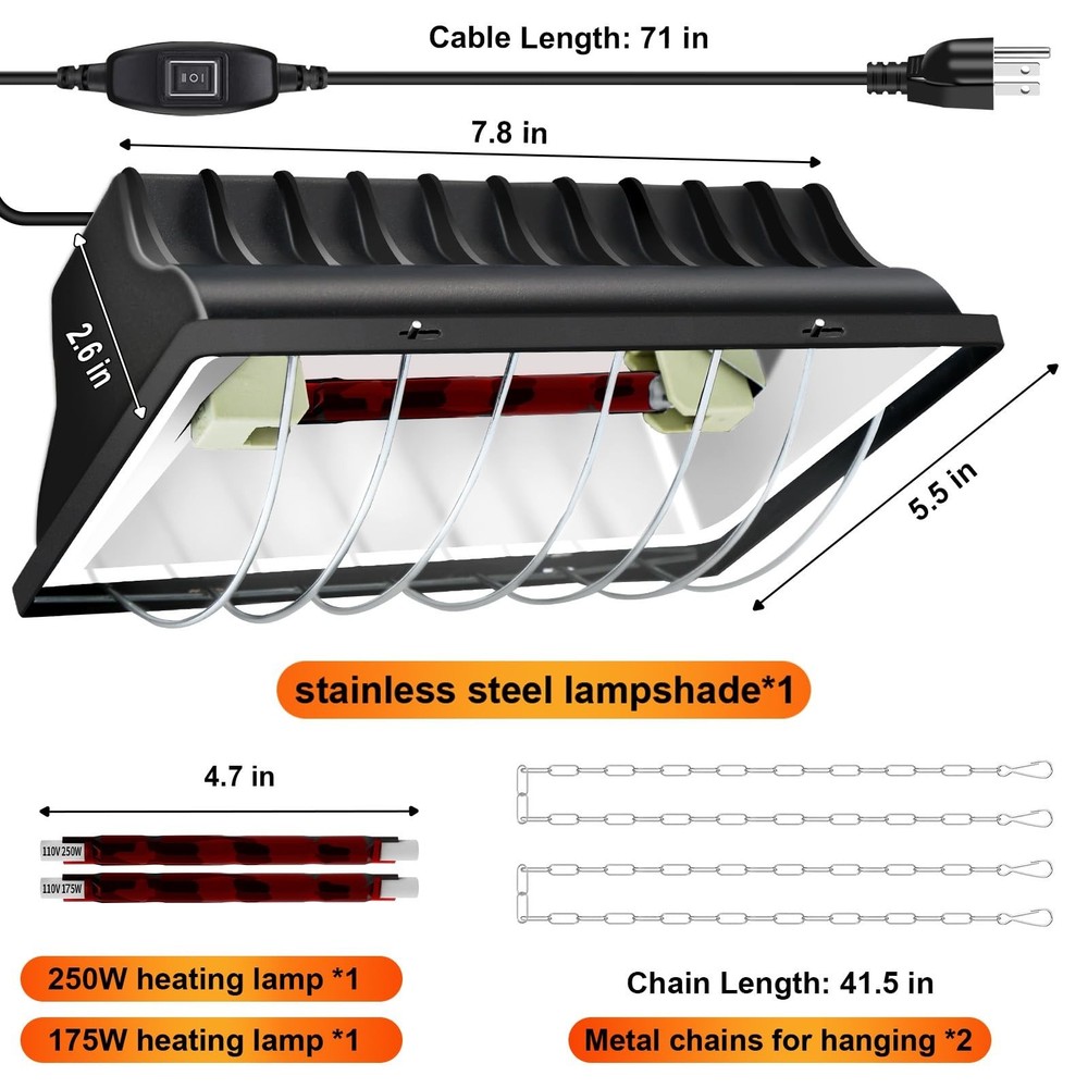 Chicken Coop Heating Lamp Brooder 250W, Adjustable Heating Temperature and Ha...