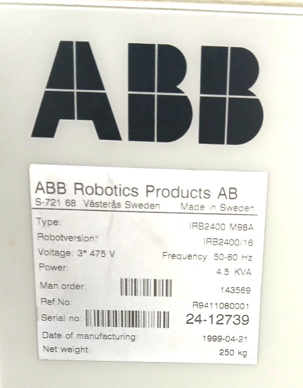 ABB ROBOTICS PALENTIZING ROBOT ARM IRB2400 W/CONTROLLER S-721 68